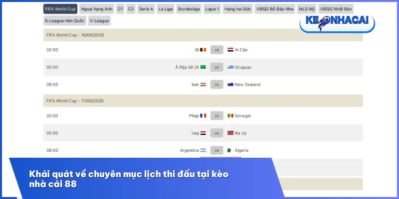 Lịch thi đấu 1 Lịch thi đấu tại kèo nhà cái 88 cập nhật nhanh các giải lớn như Ngoại Hạng Anh, Champions League, World Cup, cho phép tra cứu dễ dàng theo đội bóng